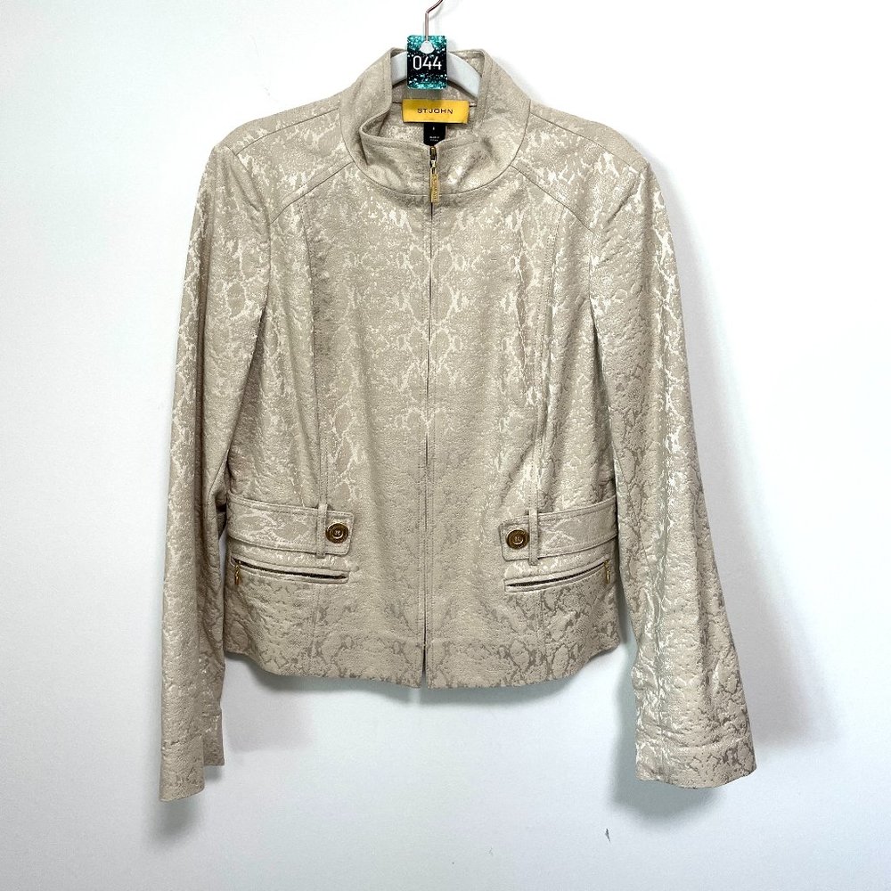 44.) St. John Snakeprint Cream with Gold Zippers Jacket- Size 6